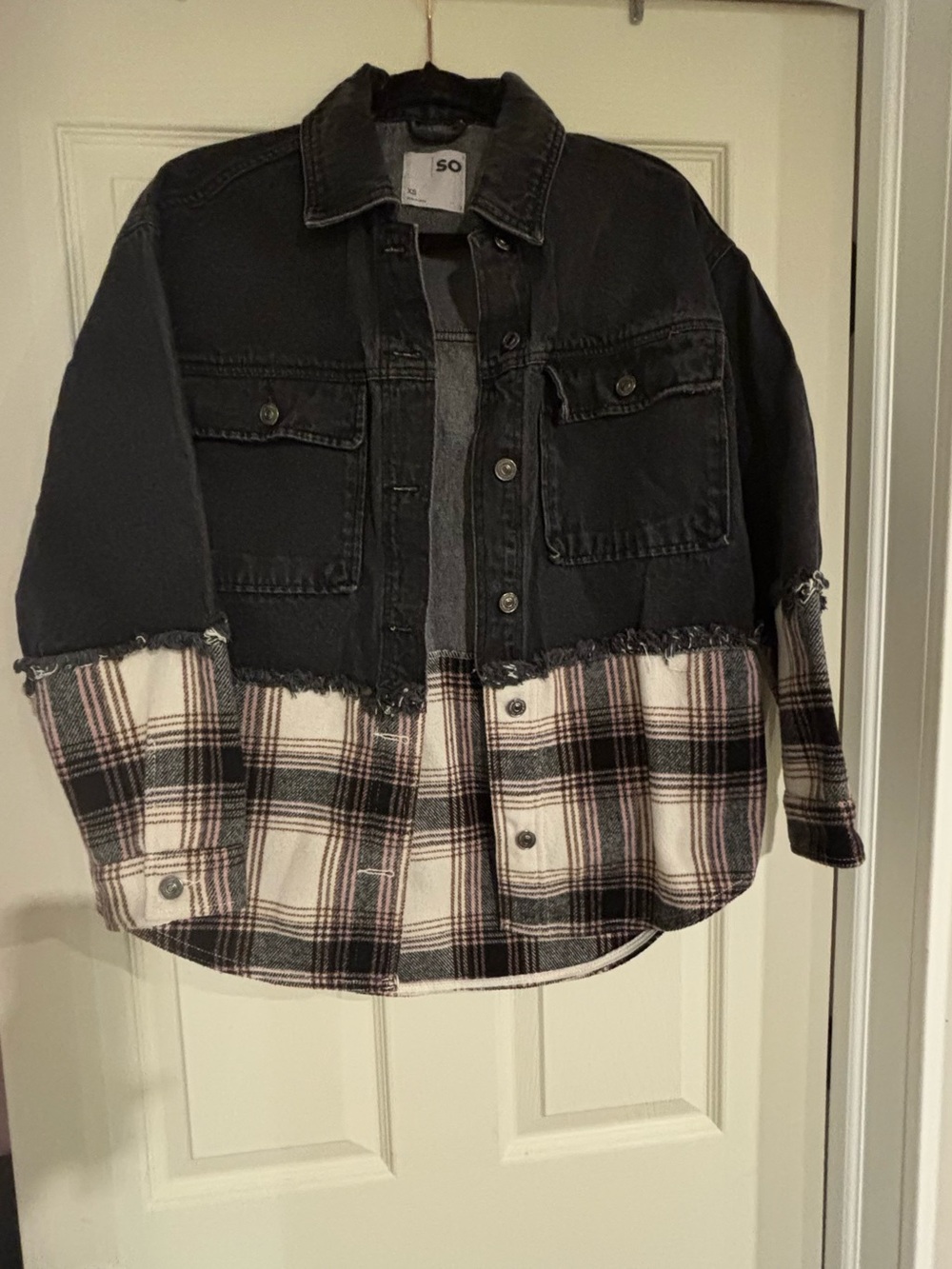 SO Black Denim and Cream Plaid Mixed-Media Jacket
